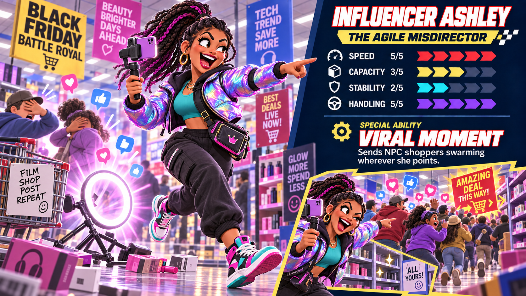 Influencer Ashley racing through the store